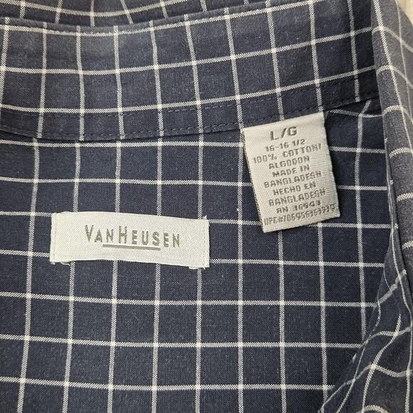 Van Heusen Shirt Mens Large Navy Blue White Grid Check Short Sleeve Button Up - Picture 5 of 6